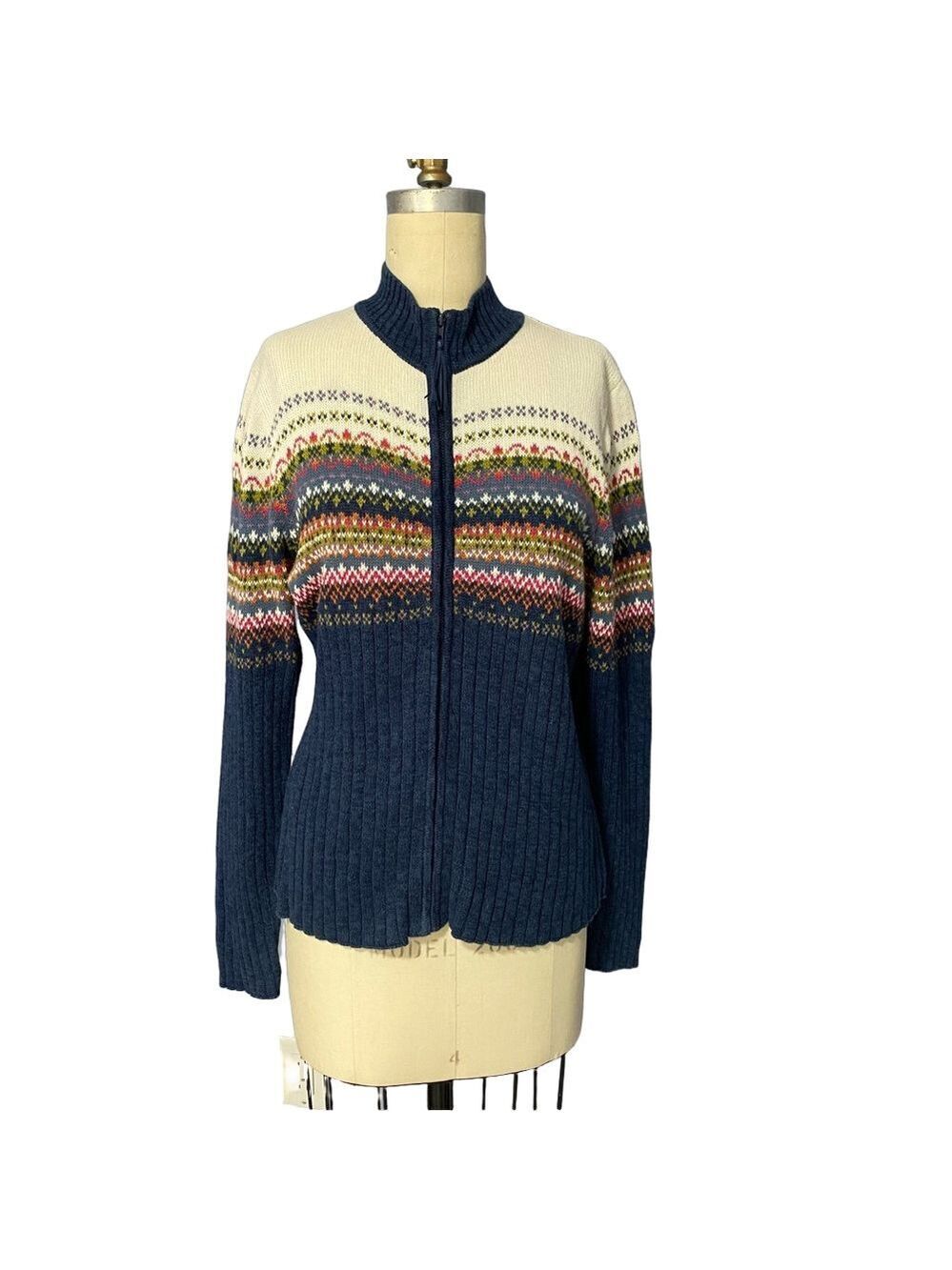 Vintage Tiara Blue and White Cardigan zip front Sweater L